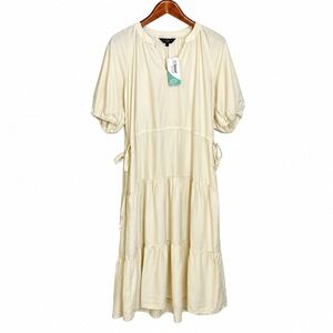 Velvet Heart Cream Tencel Tiered Midi Dress Puff Sleeve Split Neck L NWT